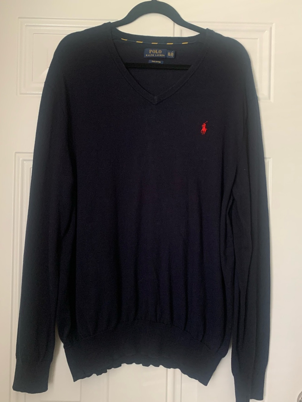 Ralph Lauren Navy V-Neck Cotton Sweater with Iconic Red Pony Logo Size XL